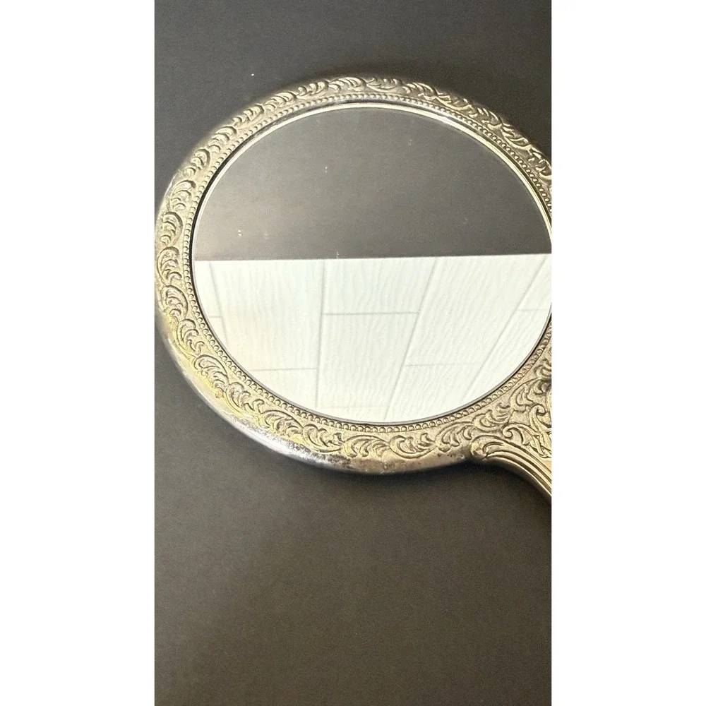 Vintage Vanity Set of 3 Repousse Floral Silver Tone Mirror, Brush & Comb EUC